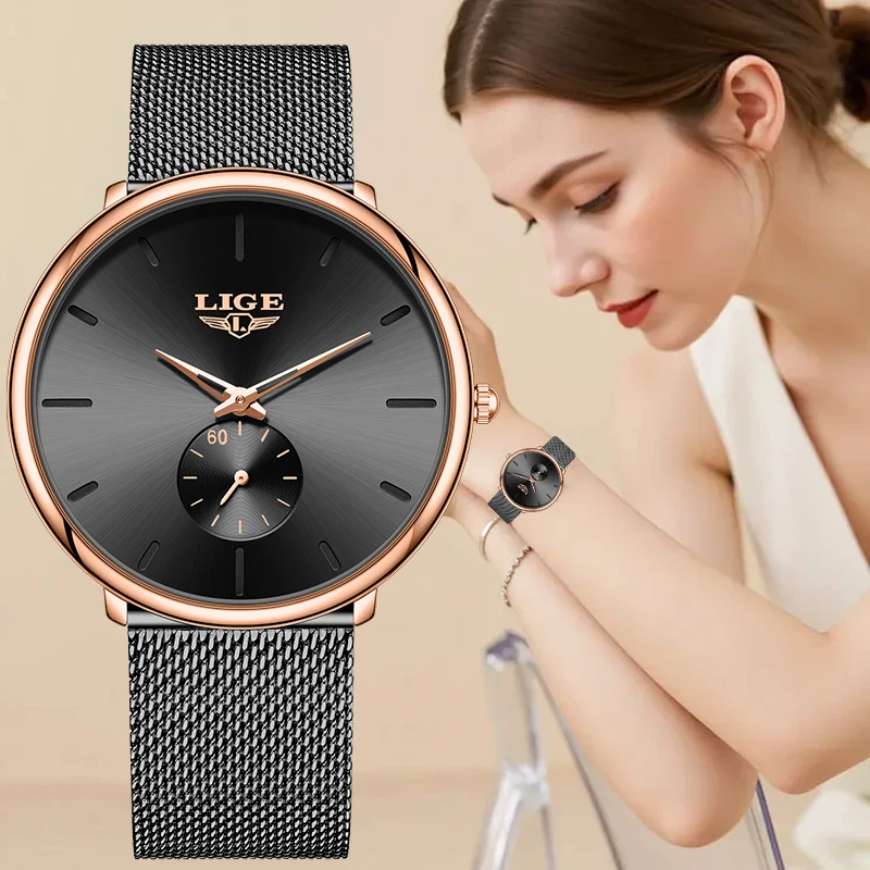 

LIGE Elegant Stylish Woman Watches Simple Luxury Ultra-Thin Classic Stainless Steel Mesh Belt Waterproof Quartz Women Wristwatch