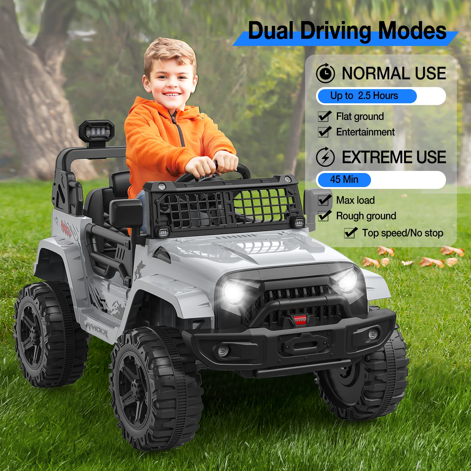 Ride on Truck Car 12V elektrische kindervoertuigen met veerophanging met afstandsbediening, LED-verlichting, Bluetooth, 2 snelheden