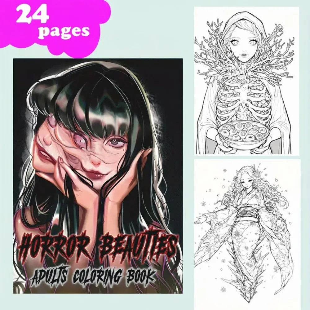 A4 Spiral Horror Beauties Coloring Book for Adults 24 Pages Dark Gothic Female Designs Relaxing Art Therapy Creative Gift