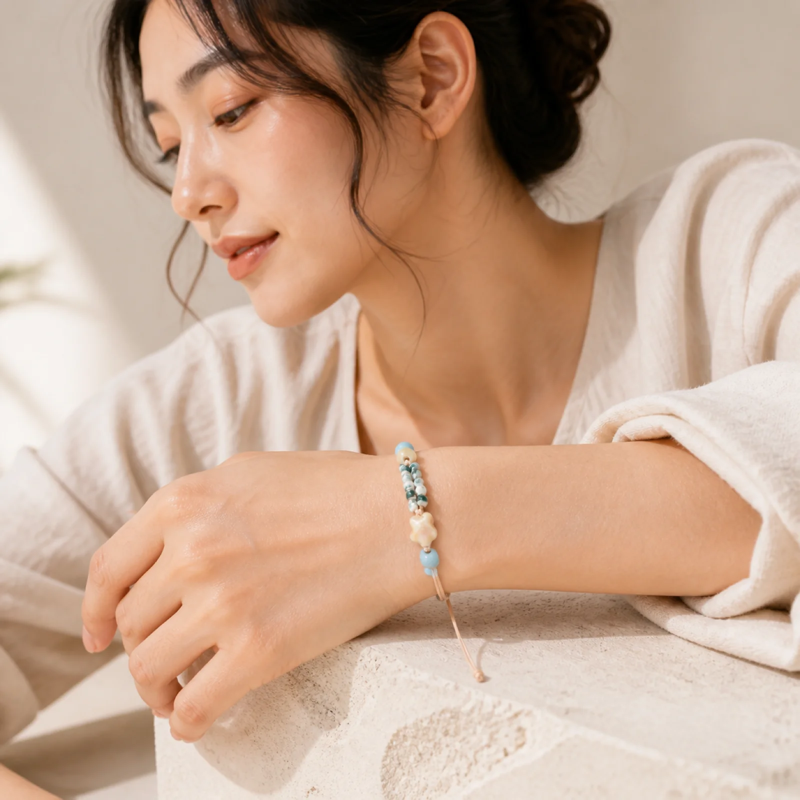 Handmade Ceramic Star Bead Bracelet Handwoven Wax Cord Adjustable Artisan Jewelry with Star Charm Accent 608P13-03