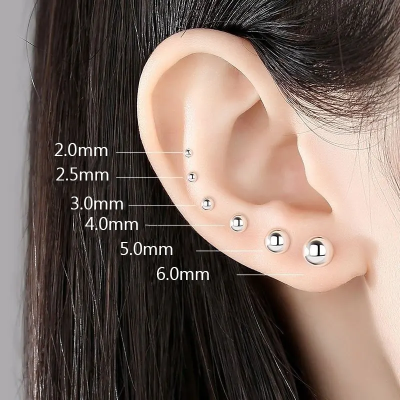 2PC Sterling Silver Small Ball Anti-allergic Cartilage Helix Piercing Stud Earrings for Women Girl Teen Fine Jewelry Accessories