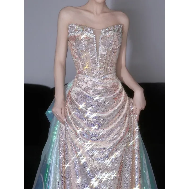 Luxo formal vestidos de festa à noite mulher sem alças lantejoulas vestido de baile com contas até o chão sereia casamento vestidos de noiva