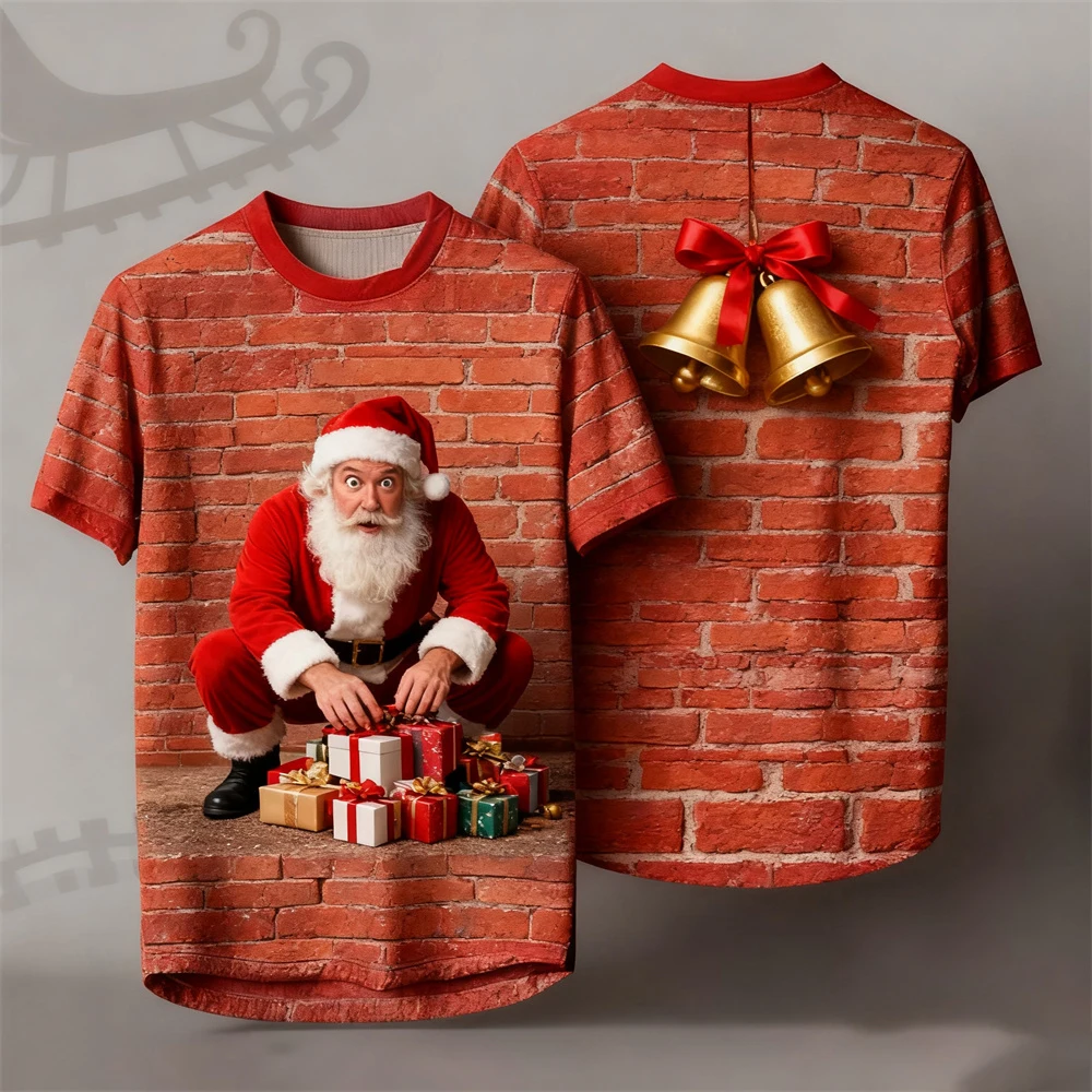 2025 New Men's Crew Neck T-Shirt Playful Santa Claus Stripe Print Relaxed Fit Comfortable Short Sleeve T-Shirt Men's Apparel