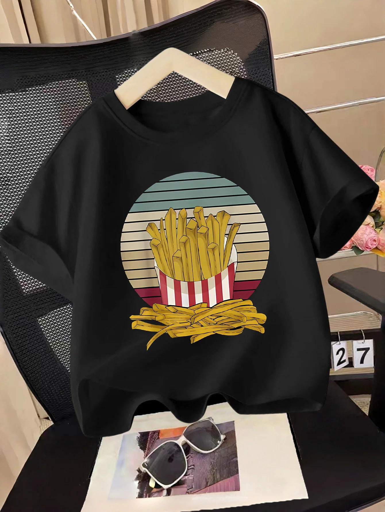 Children T Shirt Classic Striped Background French Fries Fast Food Illustration Print Short Sleeve Soft Cotton Kids Daily Outfit