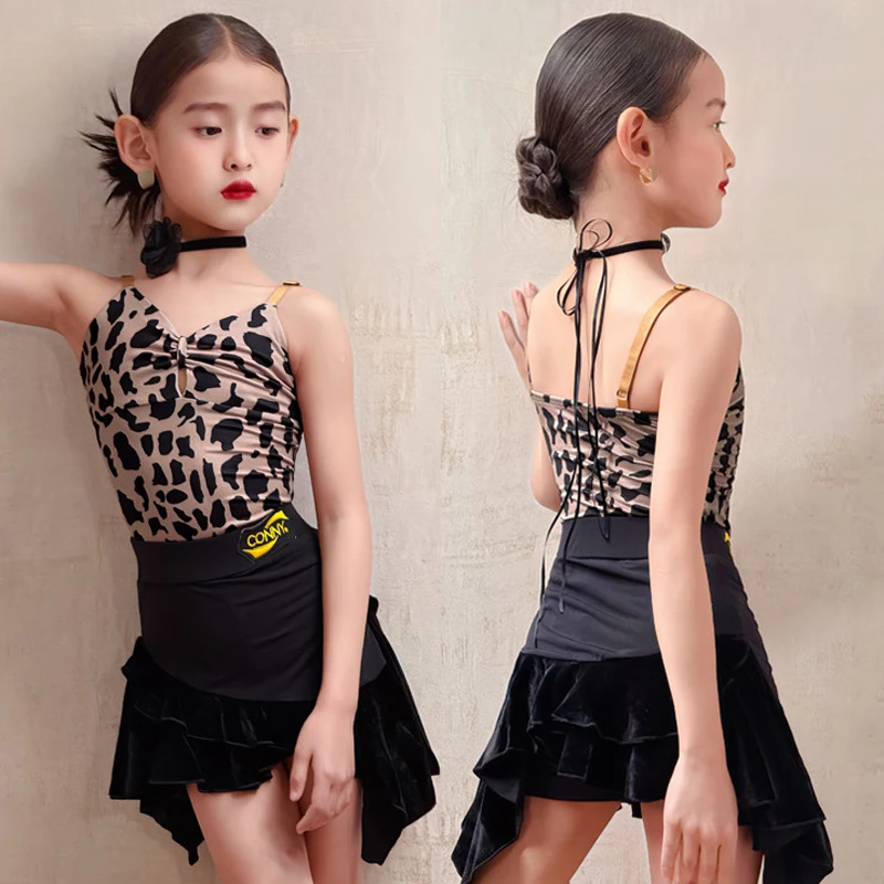 

Новый летний костюм для латинских танцев, женский комбинезон-бретелька с леопардовым принтом, наряд для танцевальной практики, детская юбка
