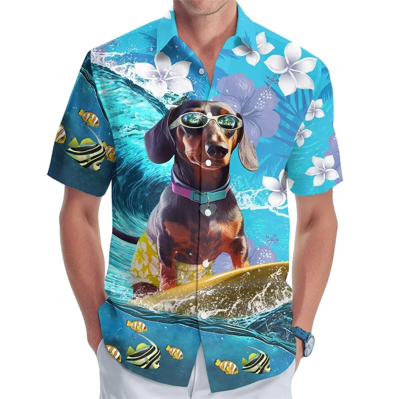 เสื้อเชิ๊ตพิมพ์ลาย Hawaiian dachshund แบบ3D สำหรับผู้ชายเสื้อชายหาดแบบติดกระดุมแบบลำลองเสื้อยืดโอเวอร์ไซส์ผู้ชาย