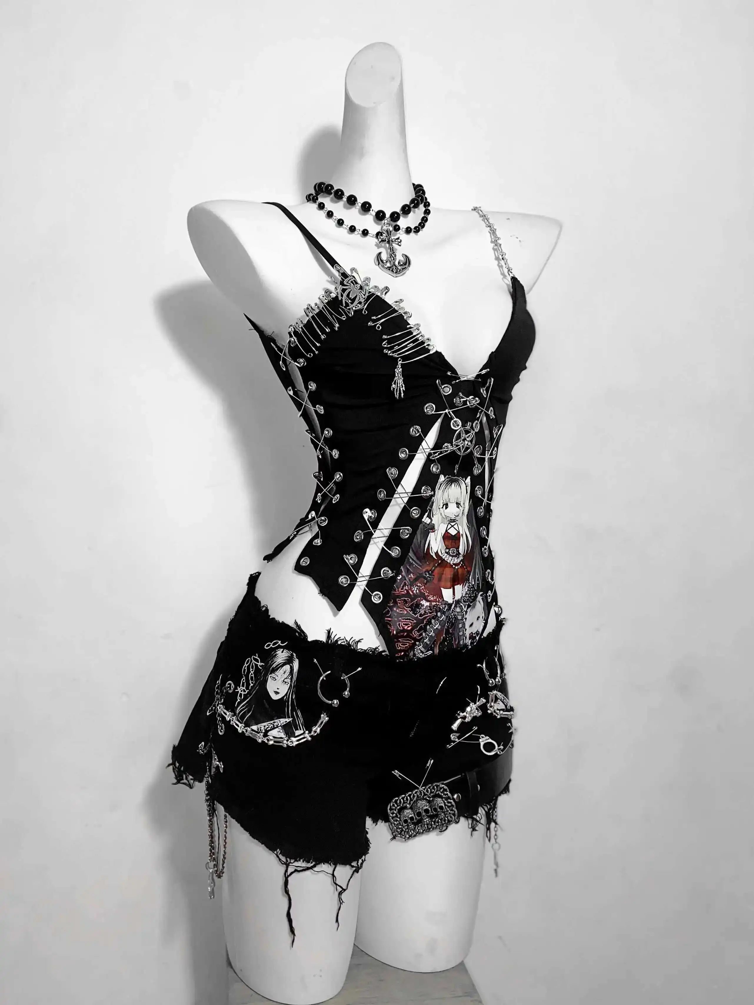 

Fairy Subculture Dark Gothic Cutting Bodysuit anime Animation Ragged Super Shorts Spicy Girls Set Dark Demon Dance Dress