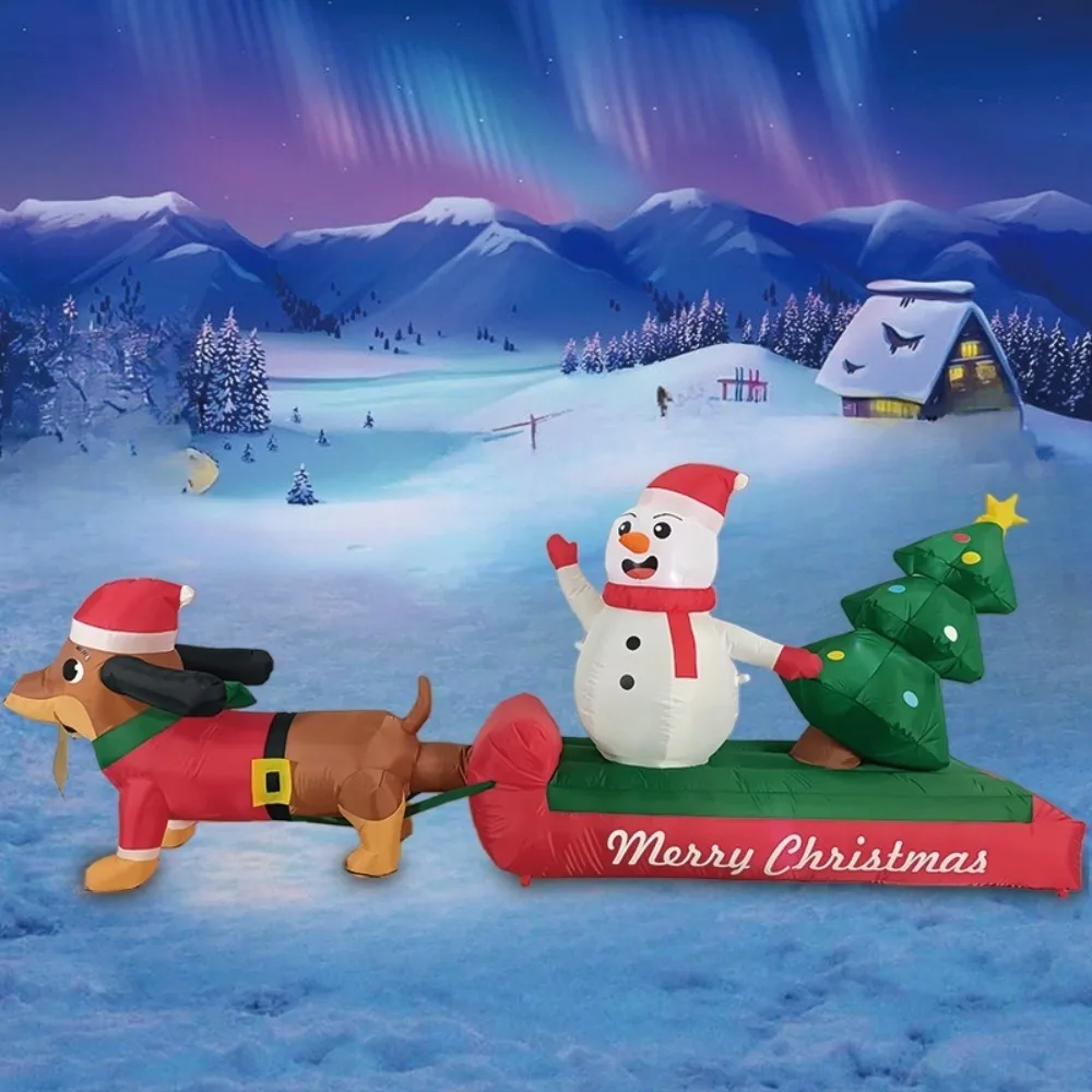 Large Scale Sausage Dog Pulling Sled Inflatable Model Holiday Music Festival Decoration Supplies Christmas Tree Cartoon Ornament