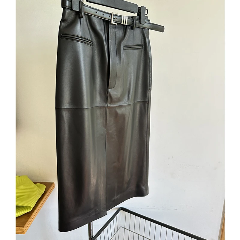 New Long Skirt for Women Sheepskin Simple Wrap Hip Front Split Over Knee Skirts High Waist Belt Slim Brown Skirt Falda Negra