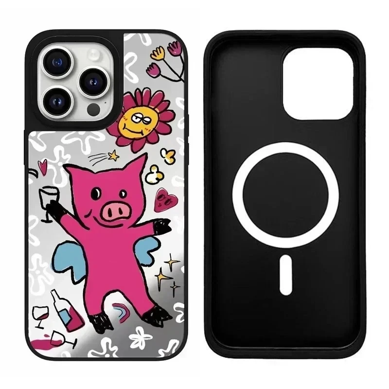 

Butterfly Girl Pig iPhone 11 12 13 14 15 Pro Max Mirror Surface MagSafe Case Cover Shell