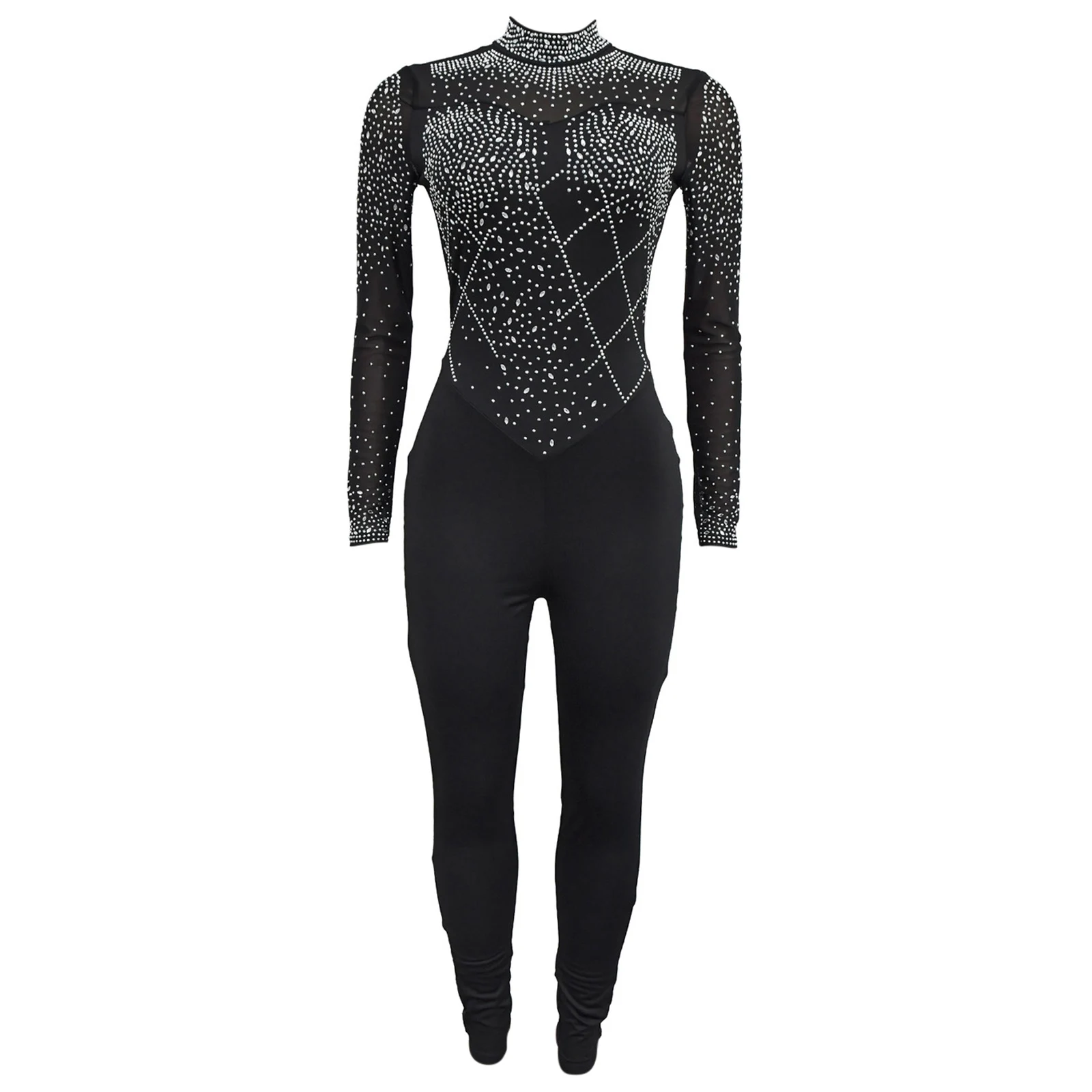 

Women Glittery Rhinestones Gymnastics Jumpsuit Sheer Mesh Patchwork Mock Neck Long Sleeve Jazz Dance Rompers One-piece Bodysuit
