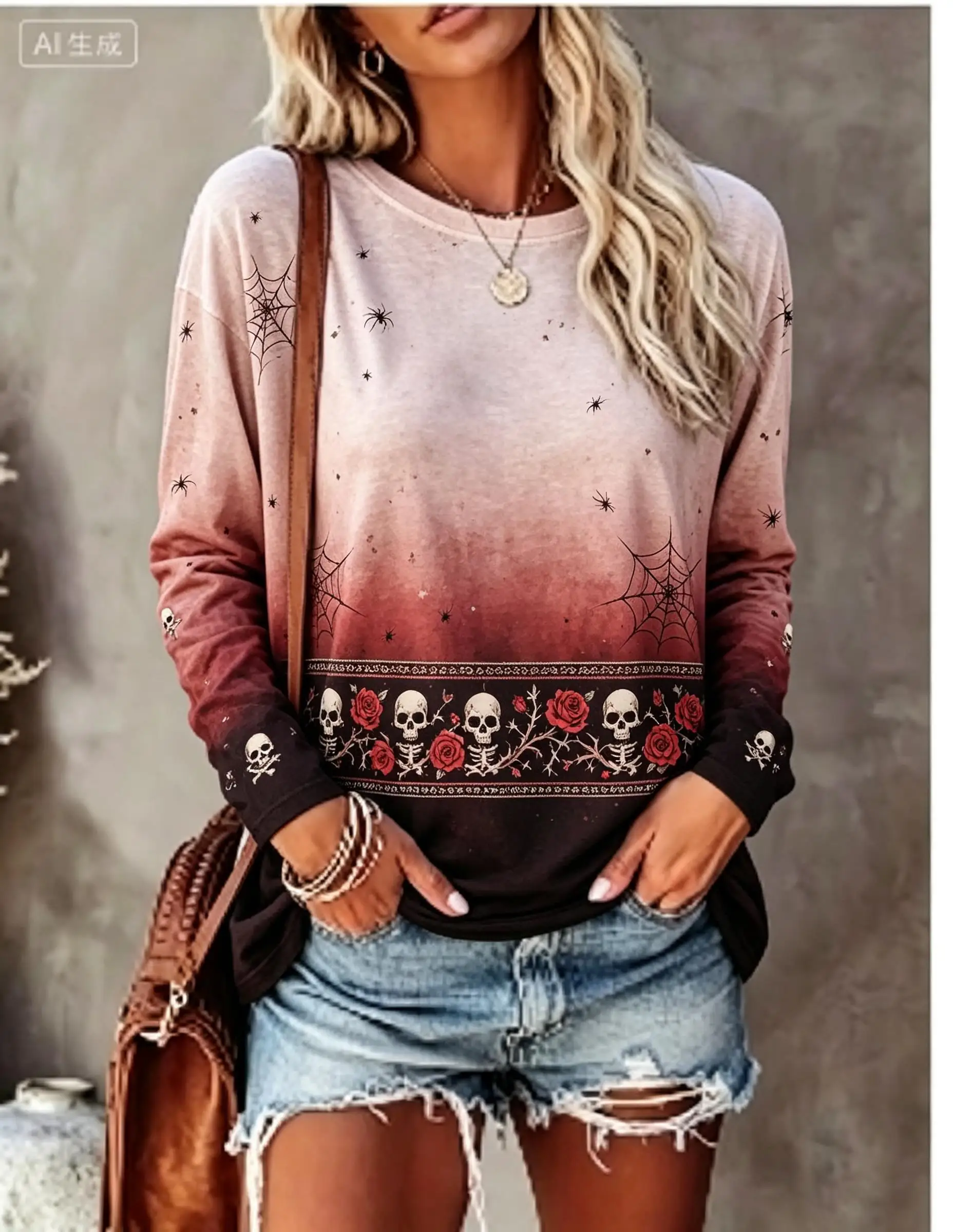 Women Day of the Dead Long Sleeve T‑Shirt Sugar Skull Rose Gradient Print Crew Neck Casual Tops