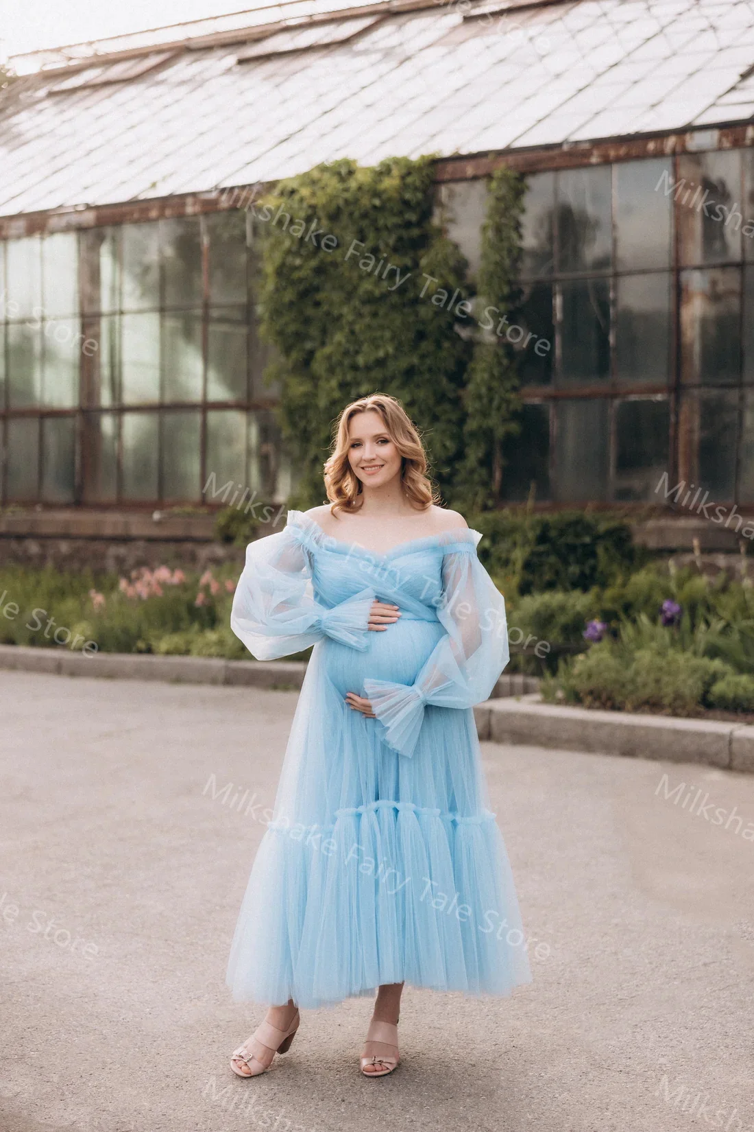 Off Shoulder niebieskie szaty ciążowe do fotografii Ruffles długie rękawy damskie sukienki długość do herbaty dostosowane suknie na Baby Shower