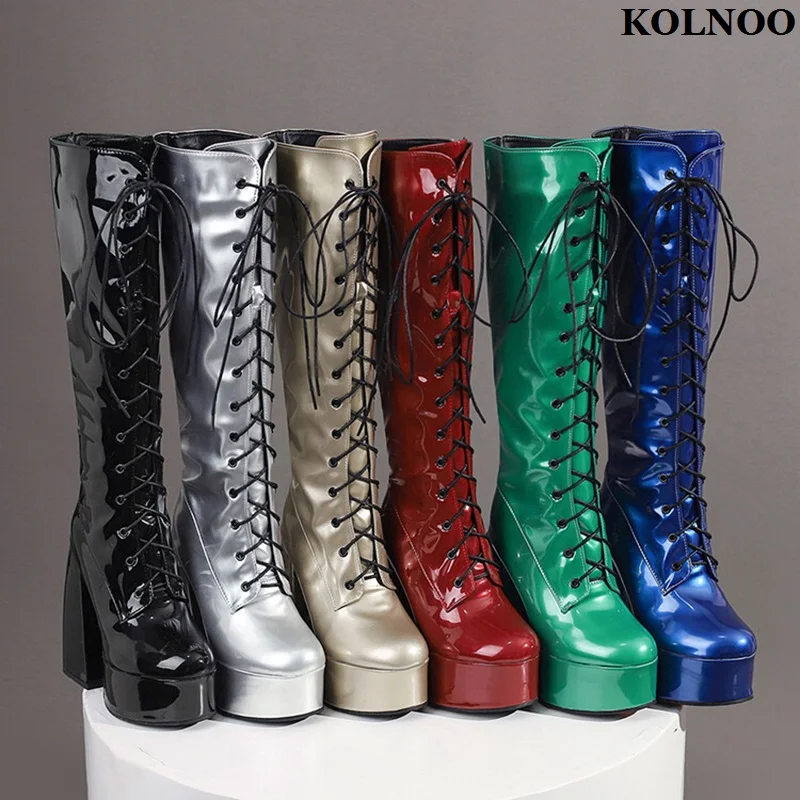 

Kolnoo Handmade New Hot Sale Women's Chunky Heel Knee Boots Crisscross Shoelace Platform Winter Boots Evening Fashion Prom Shoes