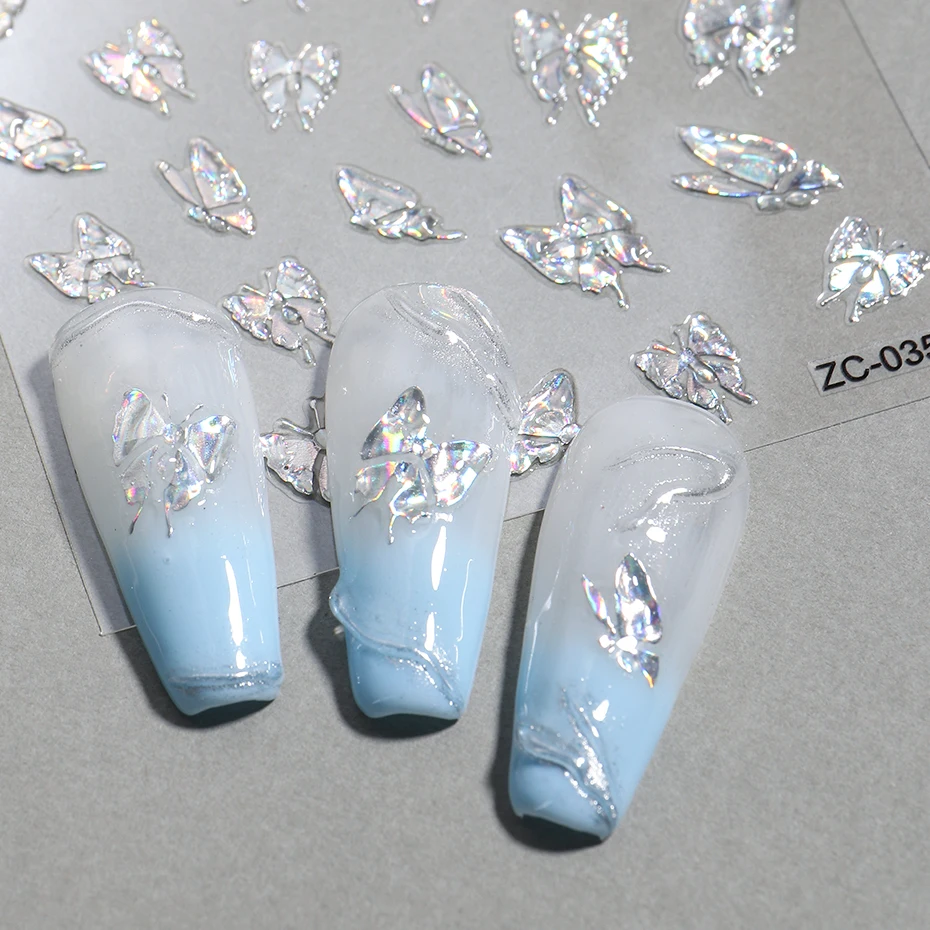 3 قطعة/المجموعة 5D الثلاثية الأبعاد فراشة مسمار ملصقا الفضة الليزر بريق الربيع المتزلجون الأظافر الشارات مسمار الفن زينة مانيكير
