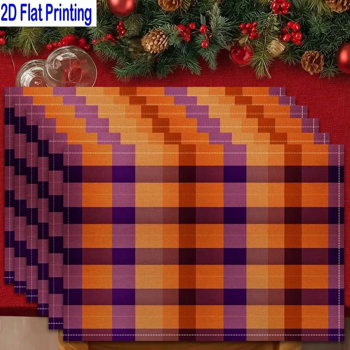 

4PCs 2D Flat Printed Orange Purple Plaid Halloween Style Table Mats, Placemats, Heat-Resistant Kitchen Table Mats, Home Restaurant Table Mats, Outdoor Picnic Table Cloth Mats, Etc