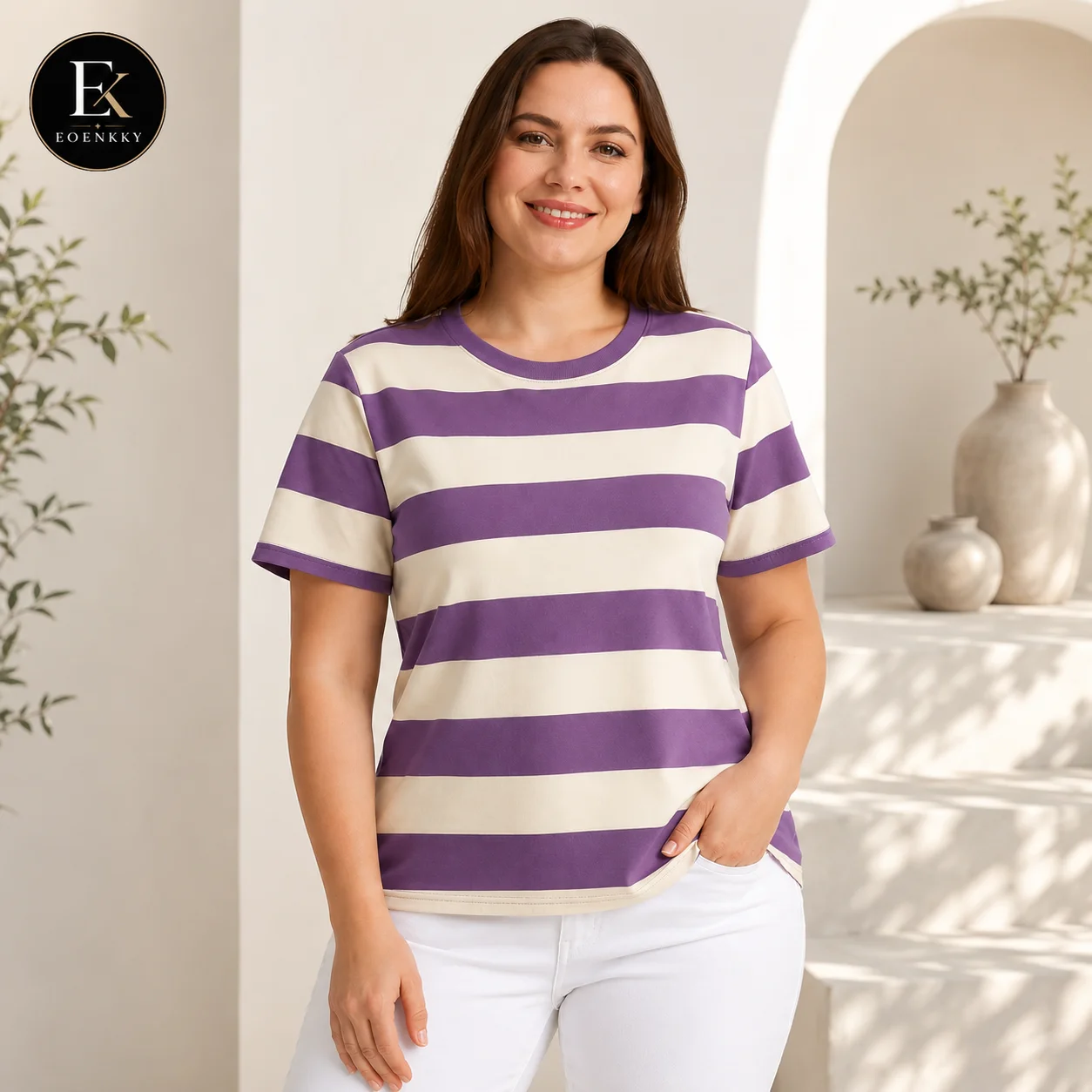 EOENKKY Women Plus Size Striped T-Shirt Cotton Blend Short Sleeve Crew Neck Casual Summer Tee Regular Fit Tops M-3XL
