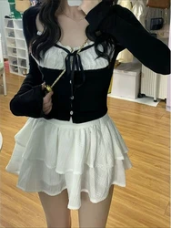 Japanese Kawaii Two Piece Set Women Bow Vintage Sweet Mini Skirt Suit Female Long Sleeve Fashion Tops + Causal Skirt 2023 Autumn