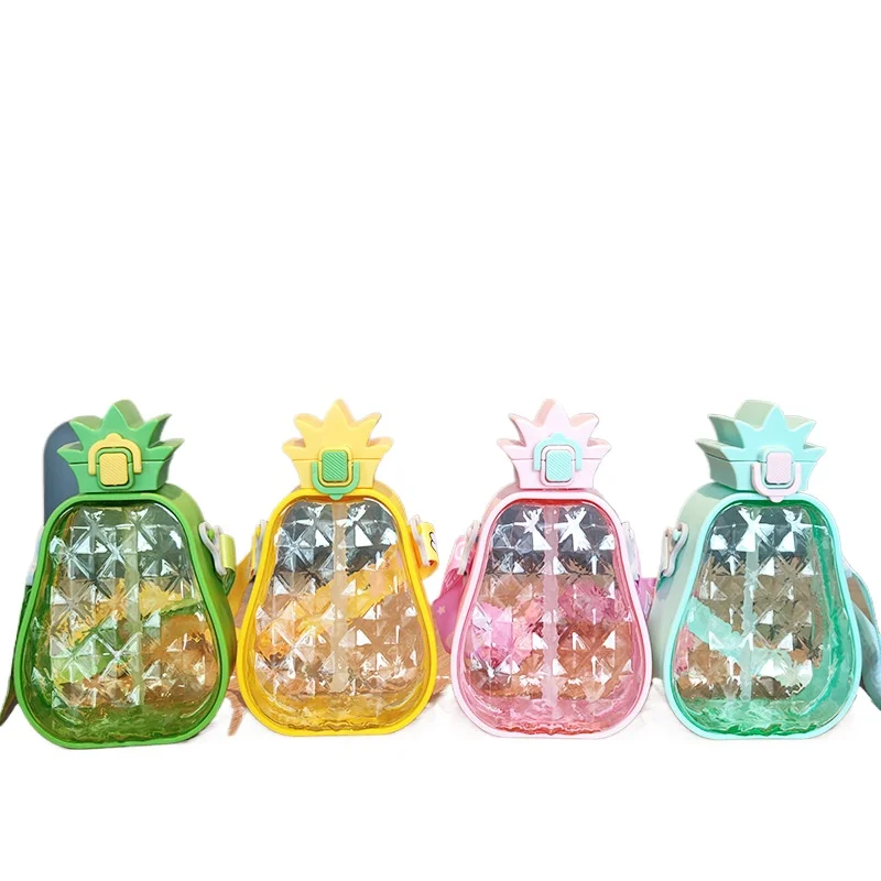 

High Aesthetic Creative Cute Pineapple Straw Plastic Water Cup Portable Shoulder Strap Children's Outdoor Sports Water Bottle