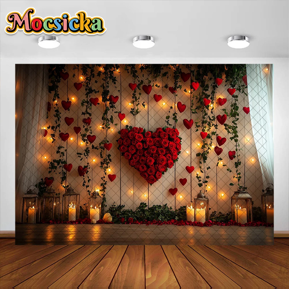 Valentine's Day Photography Background Red Rose Love Wooden Wall Decorative Backdrop Baby Shower Couple Portrait Studio Props