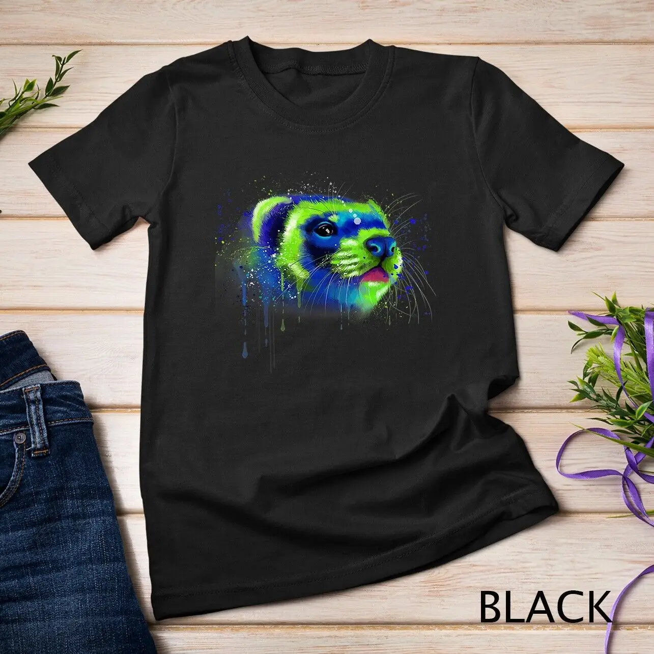 Colorful Ferret Face Graphics Hand Drawn Splash Art Ferret Unisex T-shirt