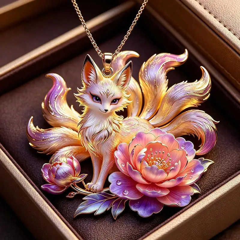 Exquisite Nine-tailed Fox Enamel Pendant Necklace Unique Chinese Mythology Pattern Jewelry for Women Sisters Friendship Gift