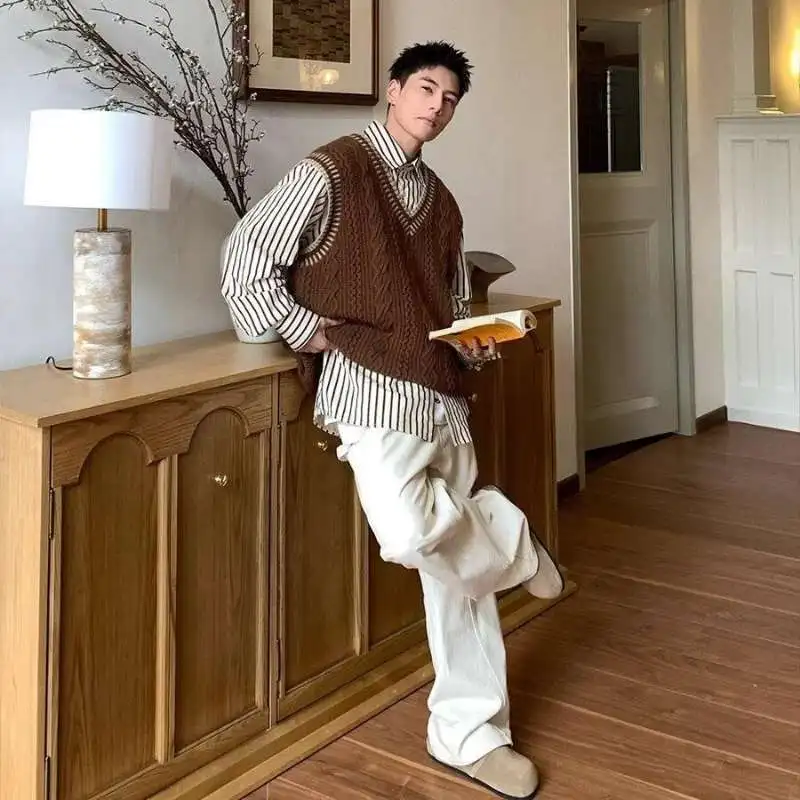 

Американский вязаный свитер Sle Twist, мужской свободный жилет с v-образным вырезом, повседневное длинное пальто из полиэфирного волокна для колледжа