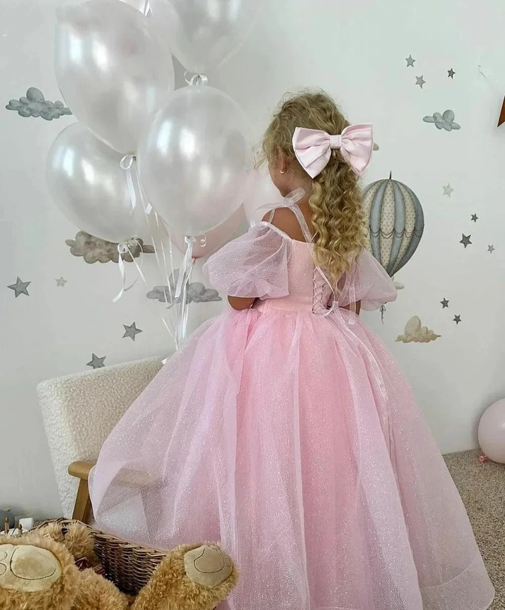 

Pink Flower Girl Dress For Wedding Customized Off Shoulder Floor Lenght Kids Birthday Party First Holy Communion Gowns