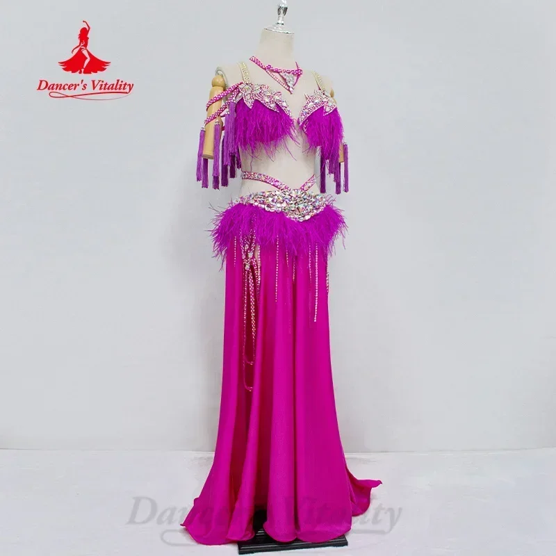 BellyDance Costume Women Customized High-end Feather Bra+Luxury Rhinestones Long Skirt 2pcs Oriental Dance Performance Outfit