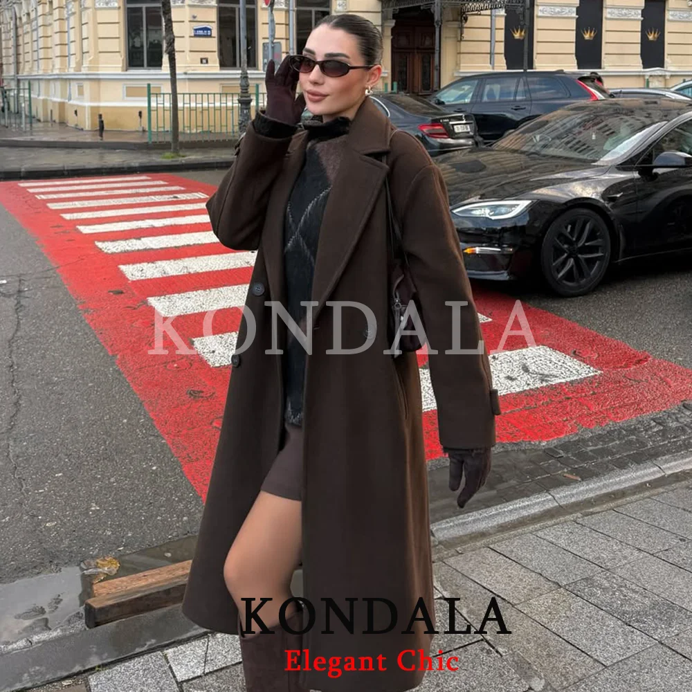 เสื้อโค้ทผู้หญิง KONDALA รุ่นฤดูใบไม้ร่วง ดีไซน์หรูหรา ผ้าผสม ทรงยาว ปกเสื้อแบบลาペル ติดกระดุมสองแถว เสื้อโค้ทอุ่นๆ แฟชั่นปี 2026 สำหรับฤดูหนาวและฤดูใบไม้ผลิ สไตล์ไฮสตรีท