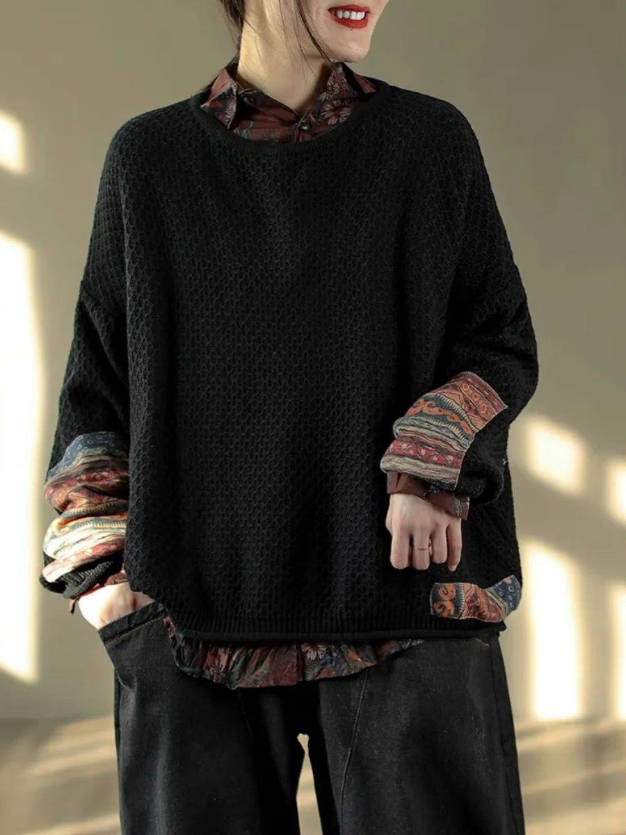 Vintage Print Patchwork Sweater Spring Fall Fashion Women\'s Loose Casual Long Sleeve Knitting Pullovers Female Elegance Knitwear
