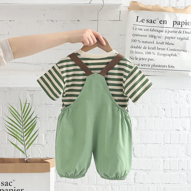 New Summer Baby Clothes Suit Children Boys Striped T-Shirt Strap Shorts 2Pcs/Sets Toddler Casual Sports Costume Kids Tracksuits