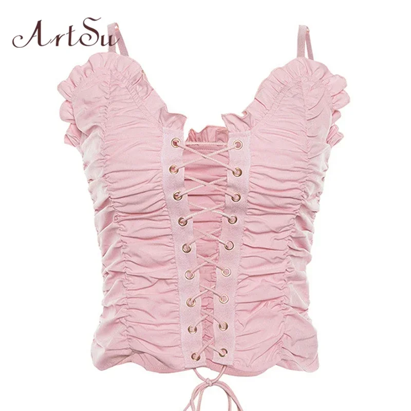 Tops cortos negros y rosas para mujer, Top Sexy con cordones y tirantes finos, camisola bonita para fiesta, Tops de club, ropa de calle para primavera y verano