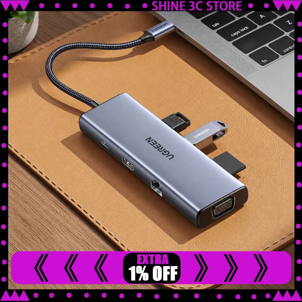 UGREEN 25360 9-in-1 USB-C Hub with 1.5m Cable, 4K 30Hz HDMI, 1080p VGA, Gigabit Ethernet, 3 USB 3.0, SD/TF Reader, 100W PD