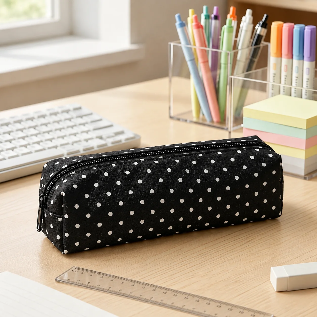 Black Polka Dot Pencil Case Lightweight Zipper Pen Bag School Stationery Organizer Student Desk Supply Pouch Portable Storage
