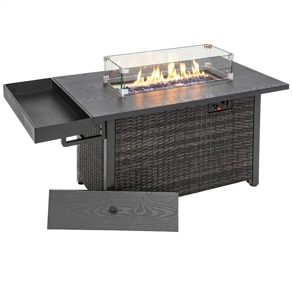 52 Inch Outdoor Fire Pit Table, 50,000 BTU Propane Fire Table with Storage Shelf, Glass Wind Guard and Lid, Wicker, Customized