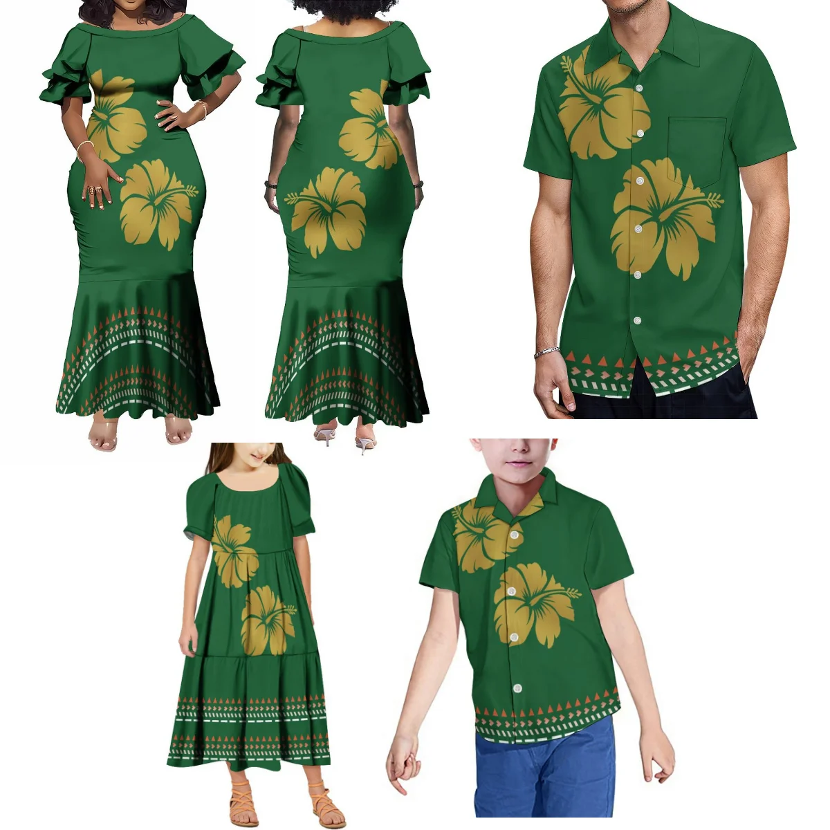 

Samoan Family Party Dress Polynesian Custom Fishtail Dress Shirt Father Mother Son Daughter Custom Pacific Island Pattern