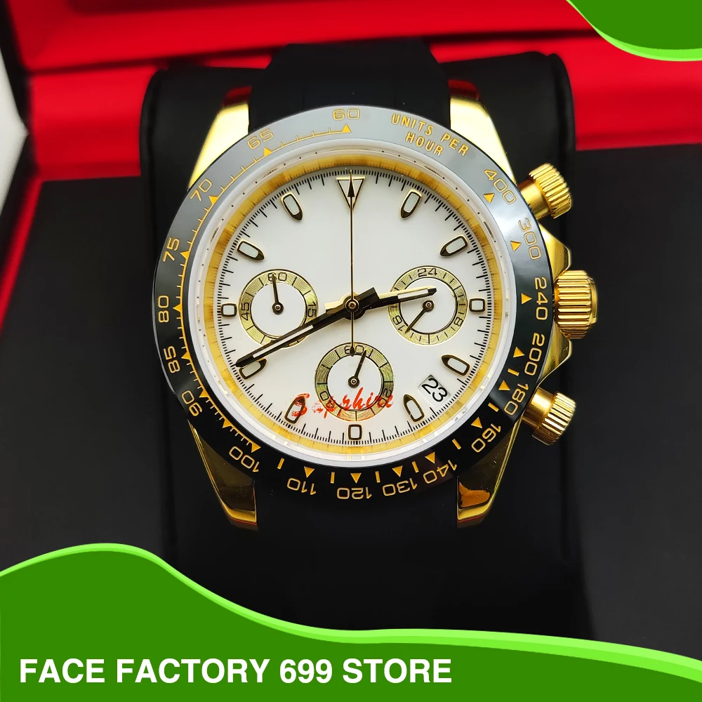 

Luxury Gold Three Eyes Chronograph Panda Aseptic Dial Gold Plated Quartz Watch VK63 Caliber Sapphire Glass Men's Watch Water