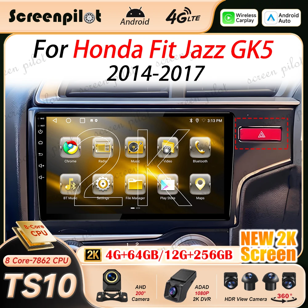 Android 16 Car Radio For Honda Fit Jazz GK5 2014 2015 2016-2017 2K QLED Multimedia Video Player Navigation GPS NO 2DIN 8 Core 5G