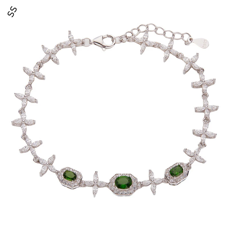 

Fashion Personality Bracelet S925 Sterling Silver Chain Natural Diopside Gems Light Luxury All-in-one Popular Hand Accessories