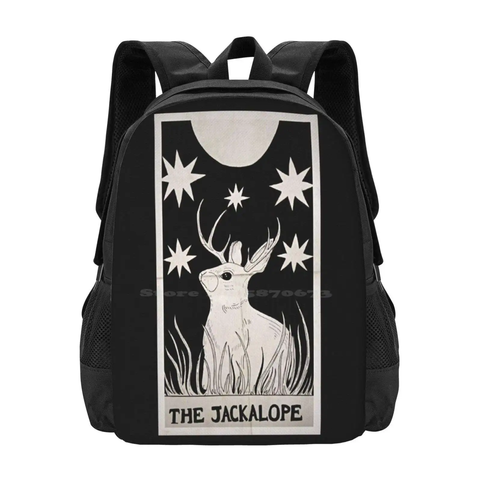 กระเป๋าเป้สะพายหลัง jackalope ขายดีขายดีกระเป๋าแฟชั่น jacklaope กระต่าย cryptic Theorie wicca Witch สีดำและสีขาวครอบครัว tarott คืน