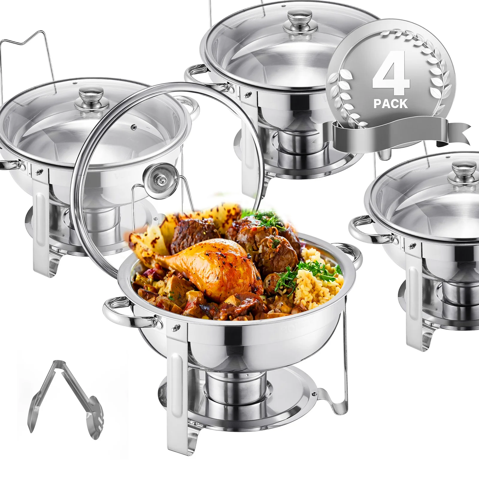 SucceBuy 5 Qt 2 4 упаковки круглых блюда-буфет Набор из нержавеющей стали Чафер с 4 полноразмерными кастрюлями Сервер для общественного питания для вечеринки
