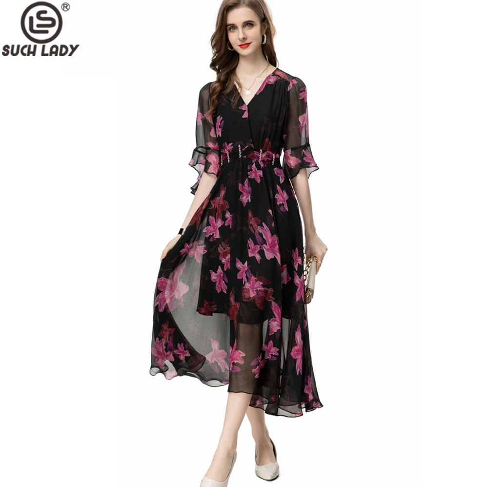 

Women's Runway Dresses Sexy V Neck Half Sleeves Floral Printed Elegant High Street Casual Mid Vestidos