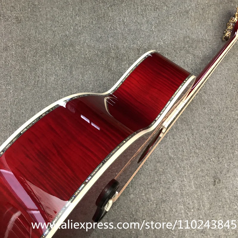 بلوزة من خشب التنوب الصلب، لوحة أصابع من خشب الأبنوس، ربط وترصيع على شكل صدفة أذن البحر الحقيقية، جيتار صوتي أحمر داكن جامبو، جودة عالية #2