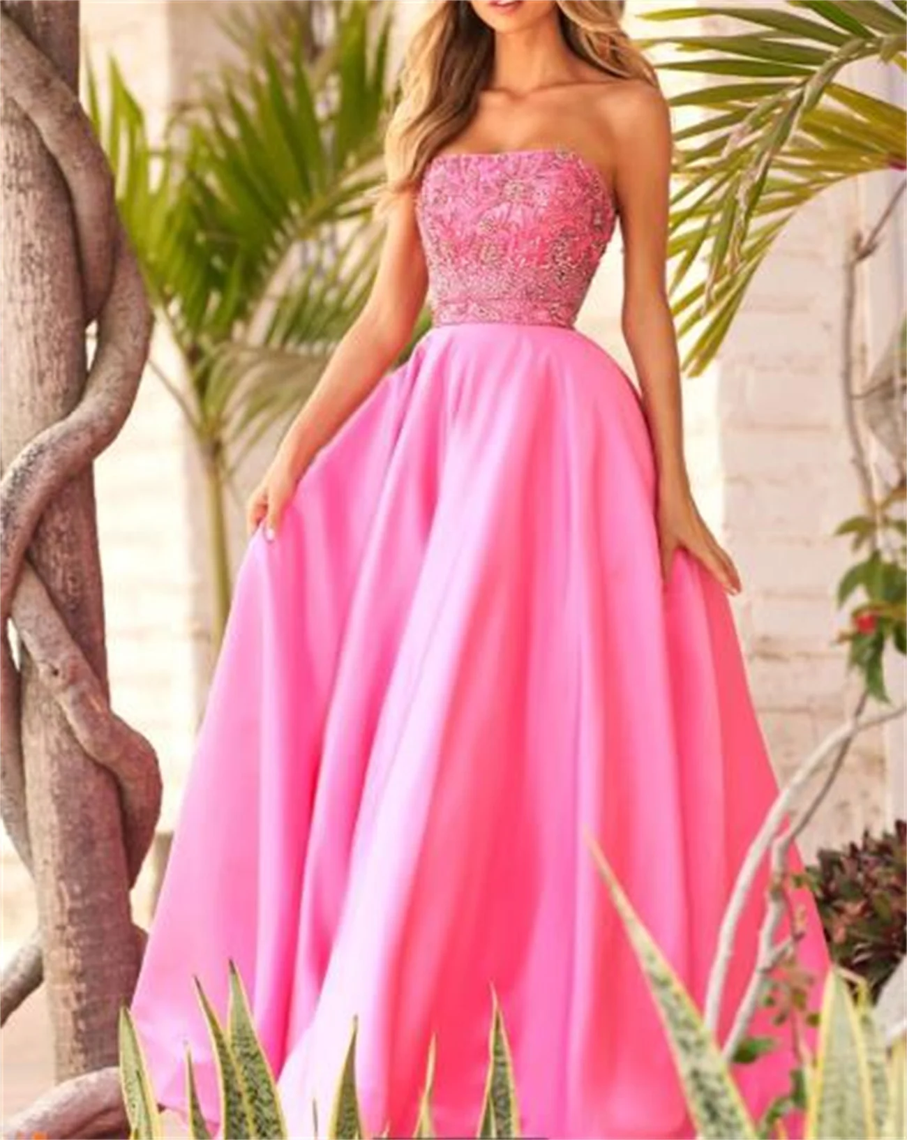 

Summer Pink Prom Dress Ball Dress Beaded Lace Puffy Diamond-Attached Waistband To Floor Length Elegant Party Dress Newest