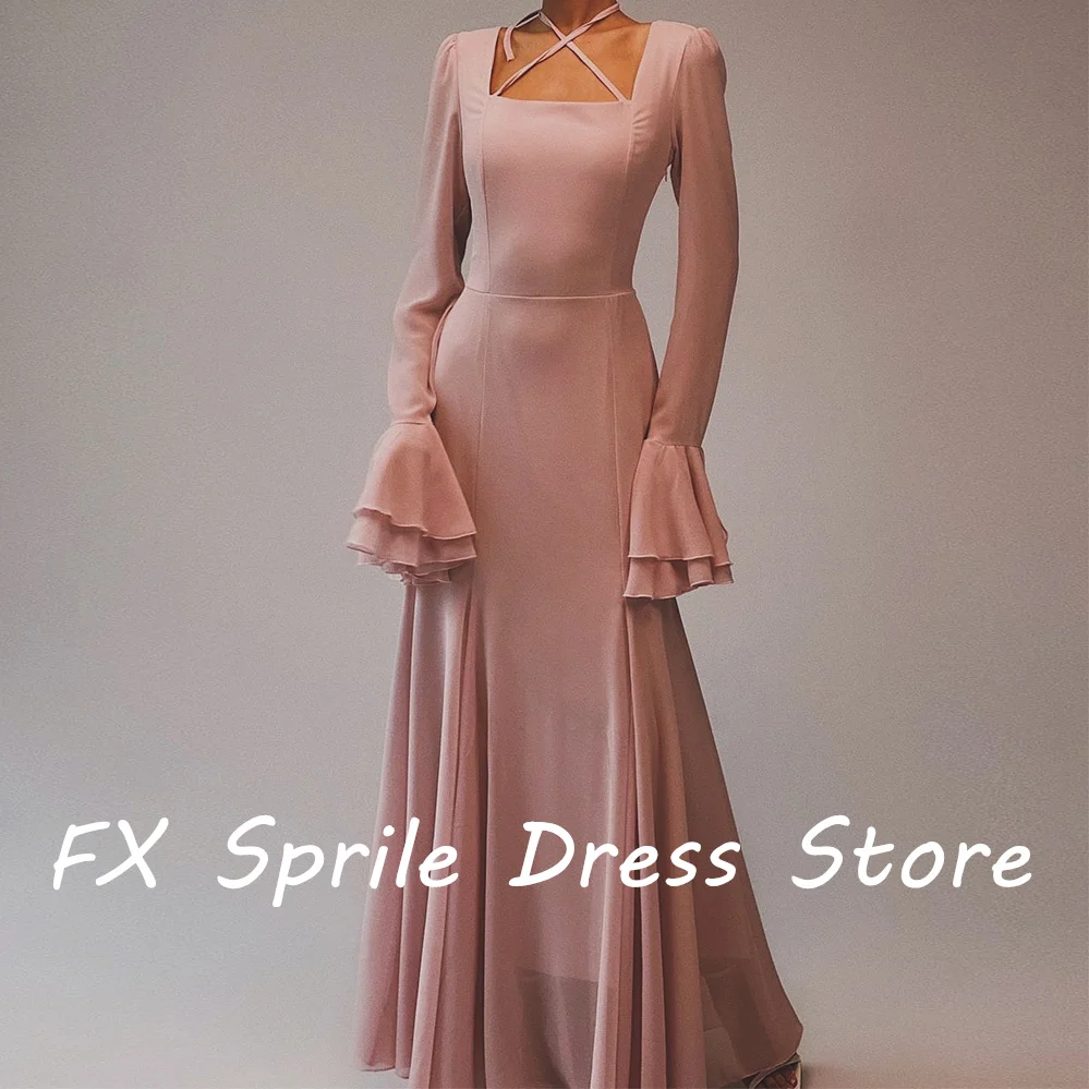 CustomizedSquare Neck Long Flare sleeves Chiffon Ruffles A-Line Floor Length Lace Up Back Solid Color Evening Dresses For Formal
