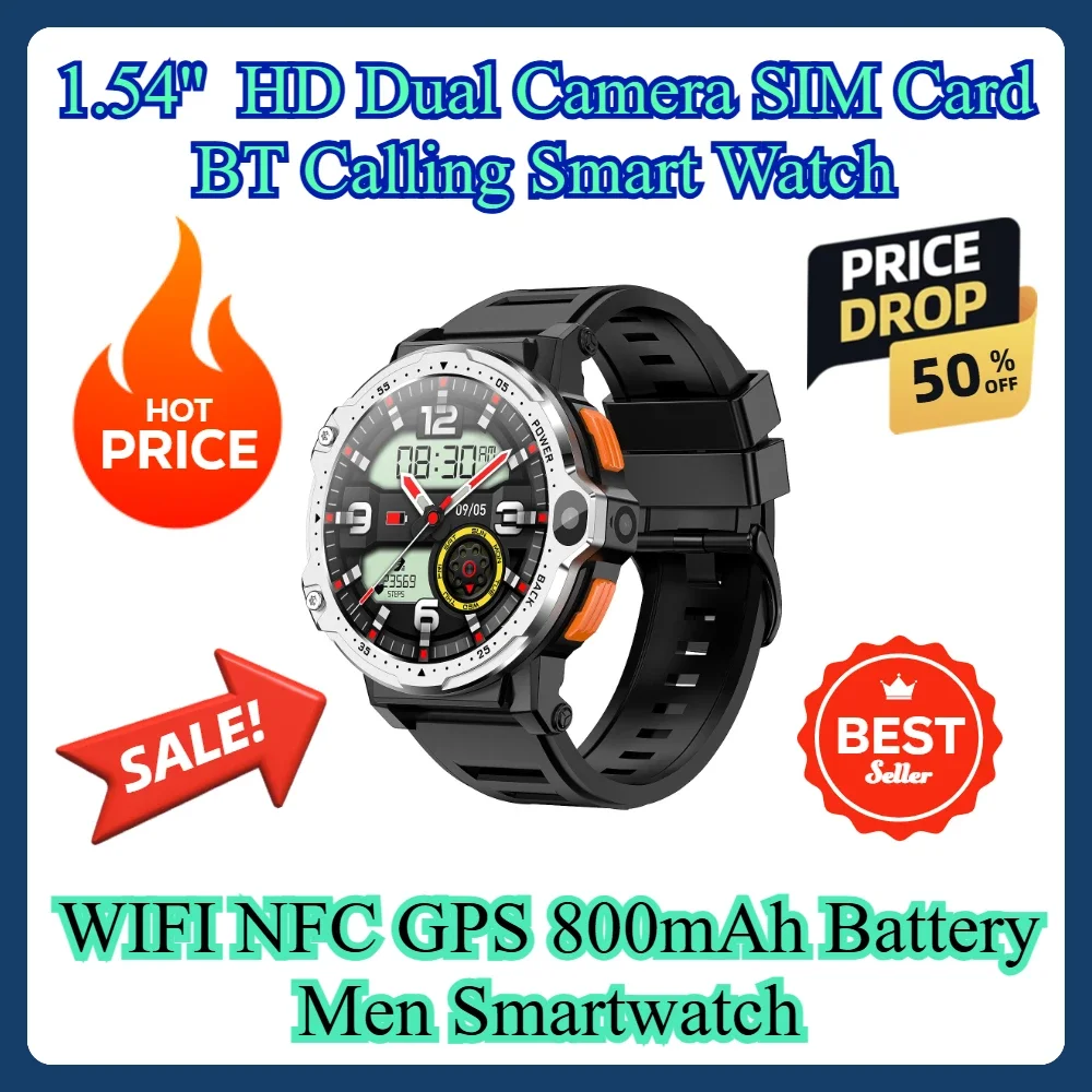 WIFI NFC GPS 800mAh Battery Men Smartwatch 1.54''  HD Dual Camera SIM Card BT Calling Smart Watch