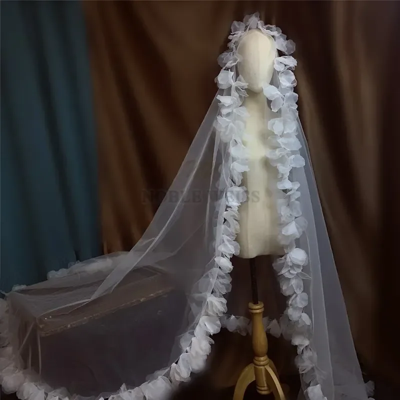 

3D Flowers Long Wedding Veil 1T Elegant Bridal Veils Without Comb Customized