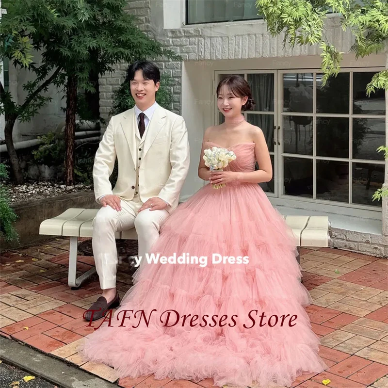 Vestido de novia TAFN con volantes escalonados de color rosa dulce, sesión de fotos de Corea, vestido de novia de tul suave de línea A, corsé trasero personalizado