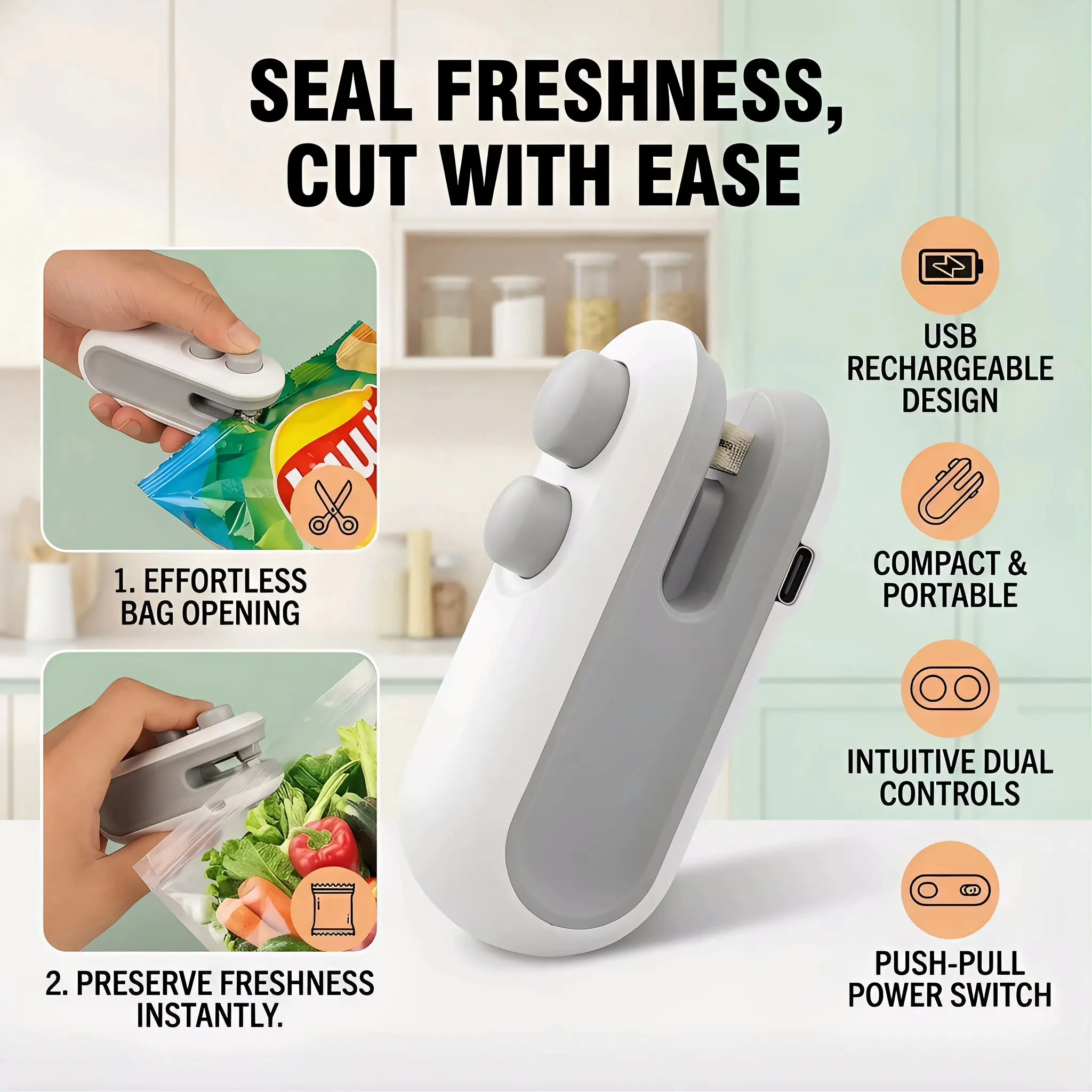 Mini Snack Bag Sealing Machine, Portable Handheld Heat Sealer, Quick Resealer for Plastic Snack Bags, Food Storage Kitchen Gadget